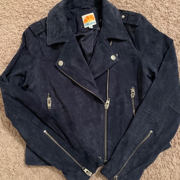 C&C California Jackets & Coats Womens Suede Navy Biker Jacket